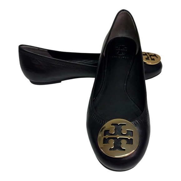Tory Burch Black Leather Ballet Flats Gold Logo Medallion Shoes - Picture 1 of 13